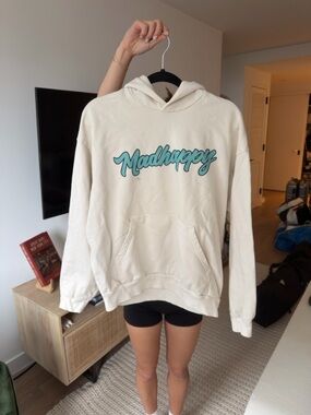 Madhappy Off-White Hoodie with Teal/Aqua Madhappy Script Logo